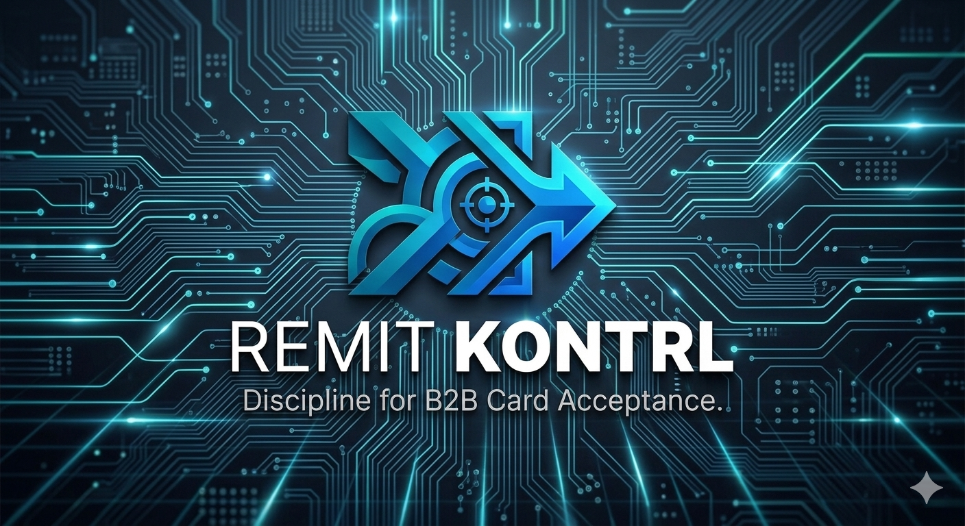 Digital graphic with abstract circuits and arrows, featuring a logo with a target symbol, promoting REMIT KONTRL for B2B credit card acceptance.