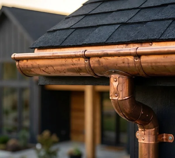 Asphalt shingle roofing with copper gutters for a home in Eureka, California