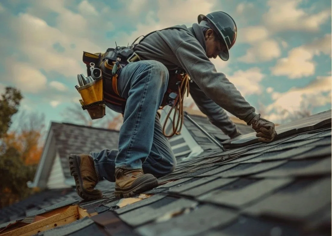 Roofing contractor repairing a residential roof in Eureka, California