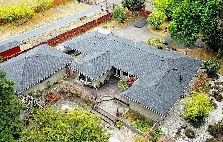 One story home pitched asphalt shingle roof replacement project by McMurray and Sons roofing in Eureka California