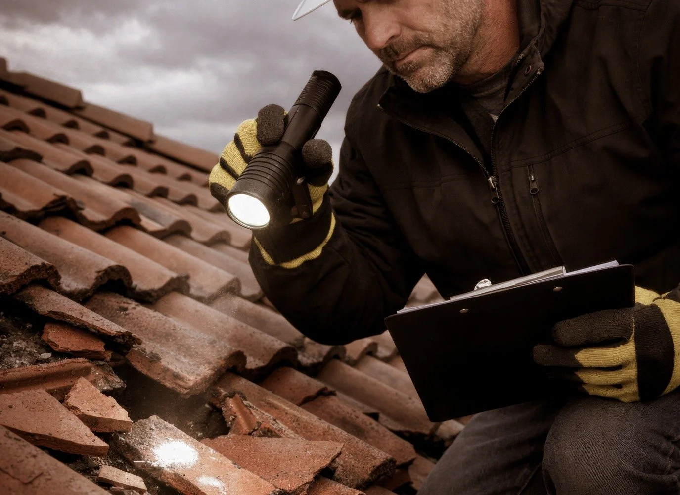 A roof inspector with flashlight inspecting a broken tile roof