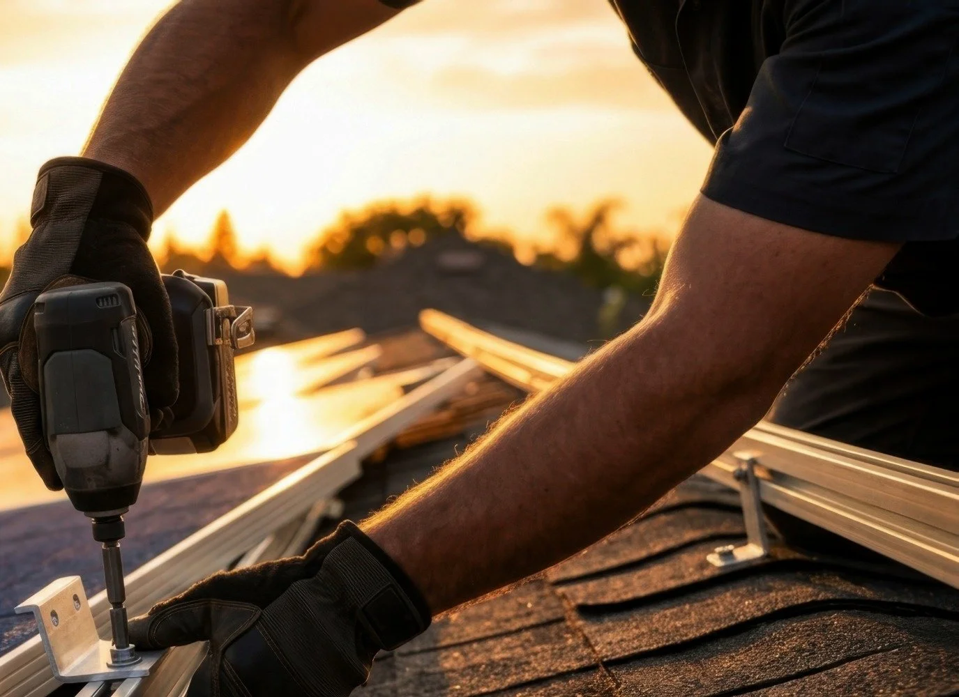 A man installing solar panels on a roof at sunset.