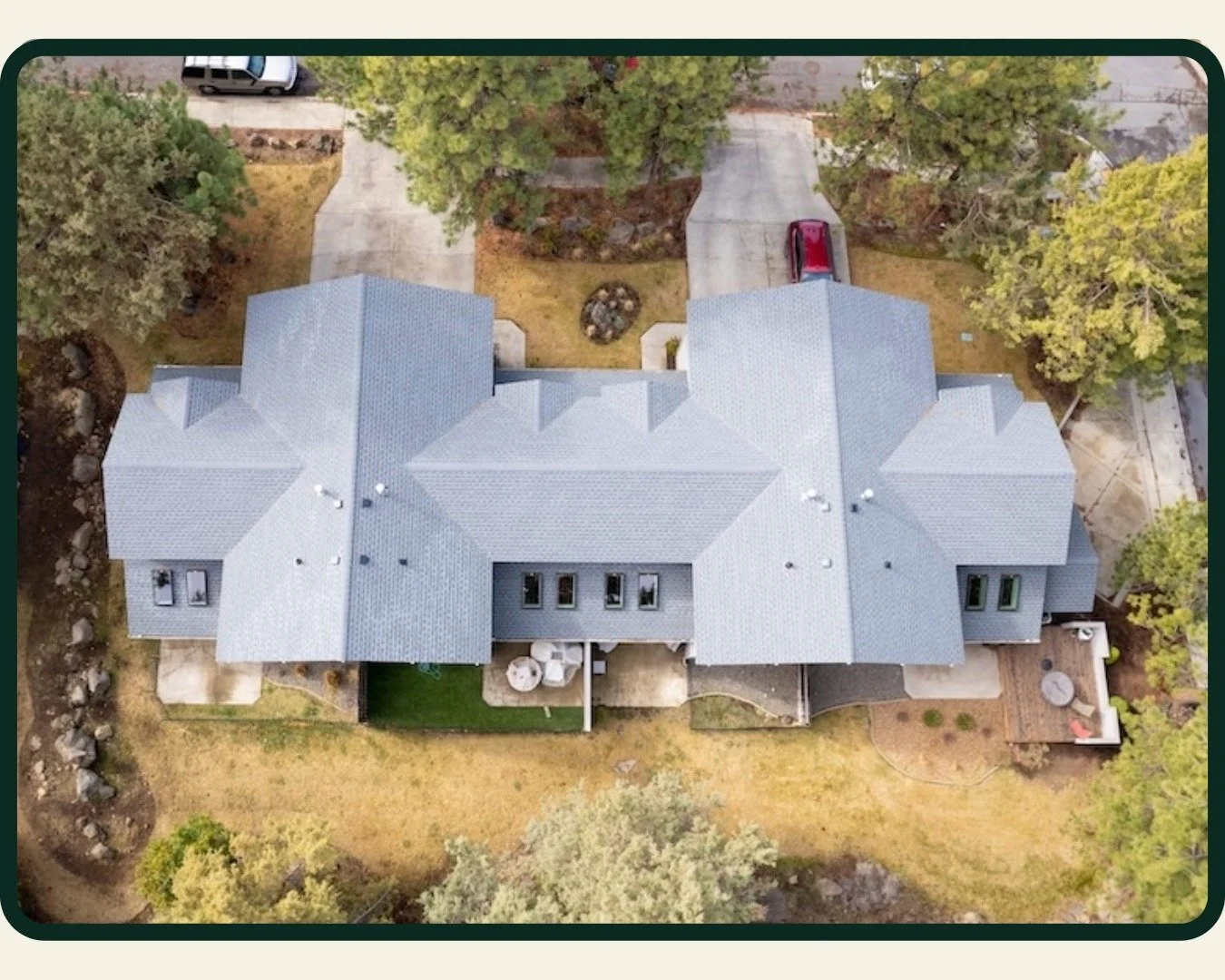 Aerial Photo of McMurray and Sons newly finished  asphalt shingles roofing project in Bend Oregon