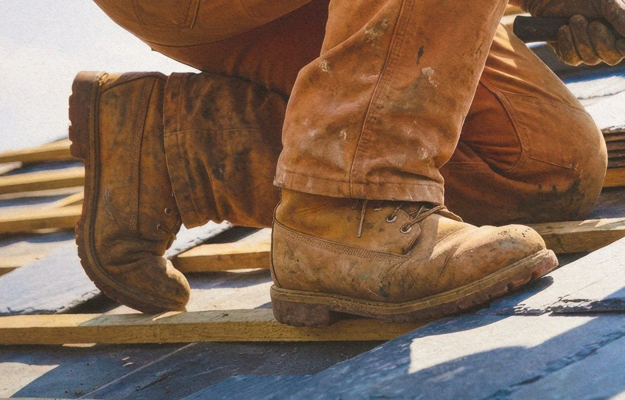 close up of work boots of a roofing worker on a asphalt shingles roof in Bend Oregon