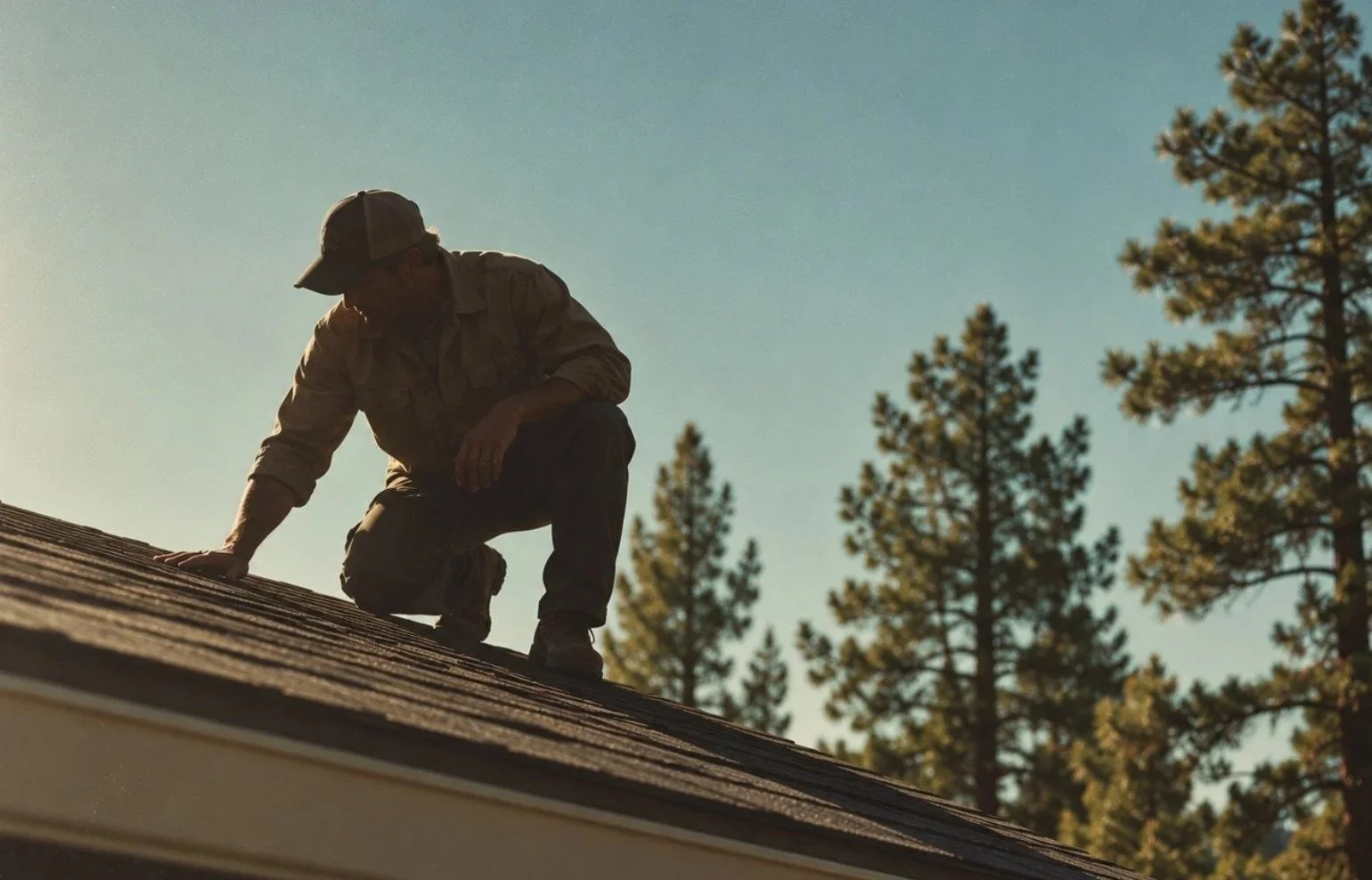 Bend Oregon roof inspector checking out a roof with pine trees in the background