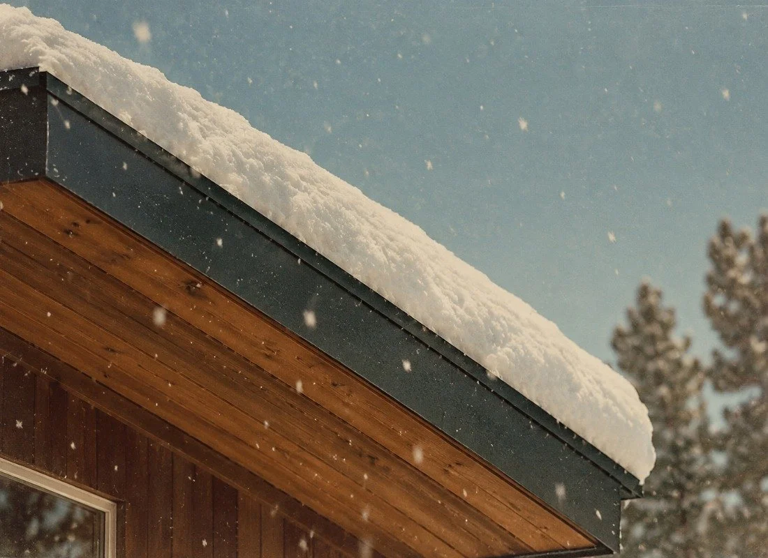 Snow-covered roof of a building with wooden siding, snow gently falling in the background.