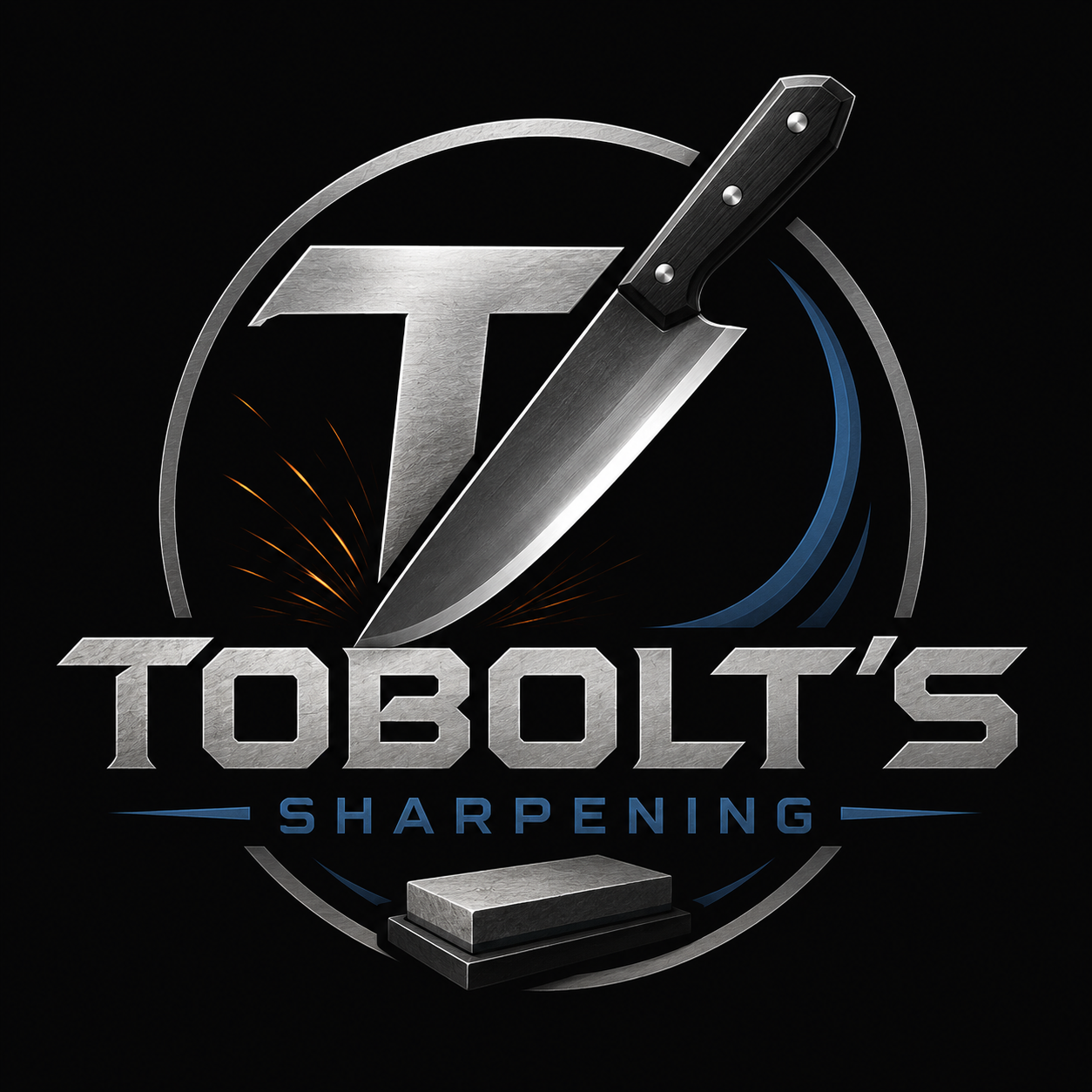 Logo for Tobolt's Sharpening featuring a large chef's knife piercing through a stylized letter T, sparks, and a sharpening stone, with text 'Tobolt's Sharpening'.