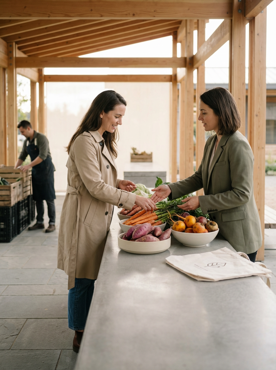 Two women exchanging money at a farm stand with fresh vegetables, including carrots, sweet potatoes, and onions, inside a wooden open-air structure.