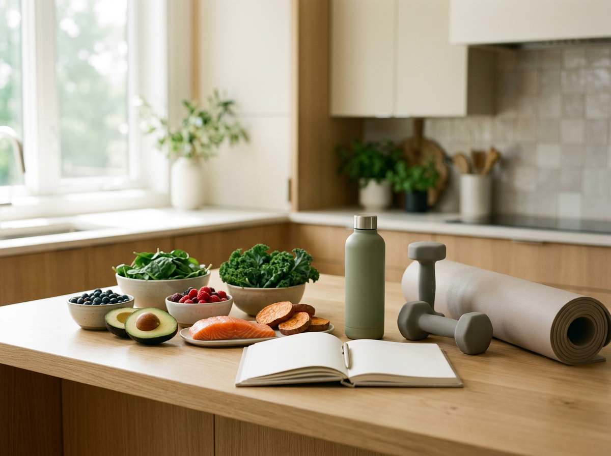 Fresh whole foods, an exercise mat, dumbbells, a water bottle, and a wellness journal in a sunlit kitchen.