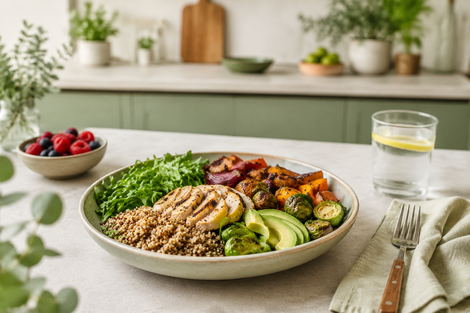 A bowl of salad with grilled chicken, quinoa, avocado, Brussels sprouts, roasted vegetables, and greens on a kitchen countertop with a glass of water, a fork, and a napkin nearby. In the background, there is a bowl of mixed berries and kitchen plants.