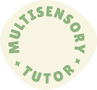 Circular badge with light green text on a cream background, reading 'MULTITSENSORY TUTOR'.