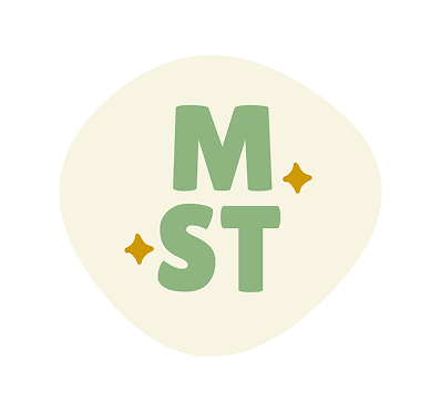 A circular logo with the letters 'M' and 'ST' in large green font and two small yellow star icons, all on a light background.