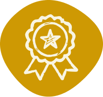 Gold medal with a star in the center and ribbons hanging below.