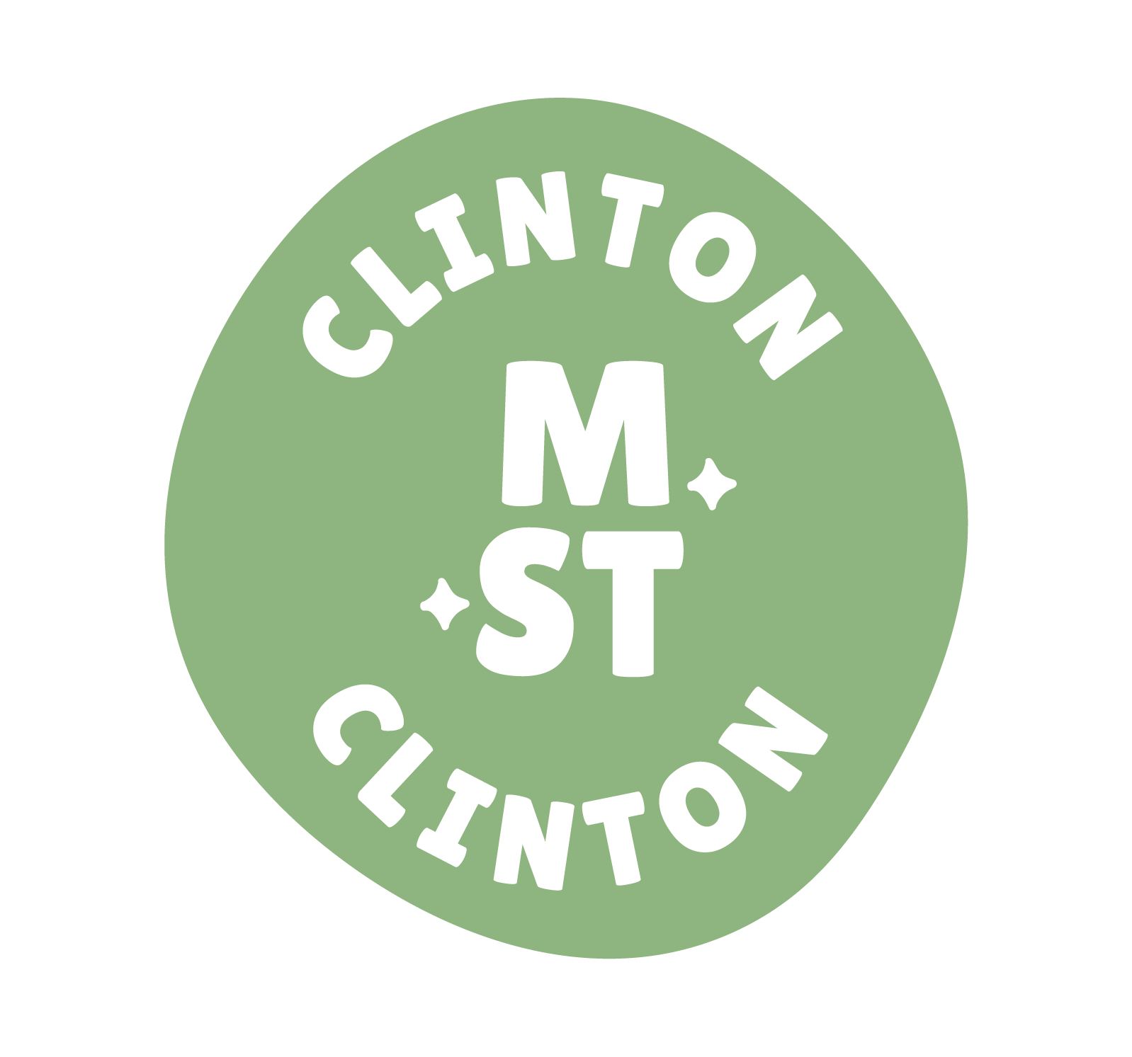 Green circular sticker with white text that reads "MST CLINTON".