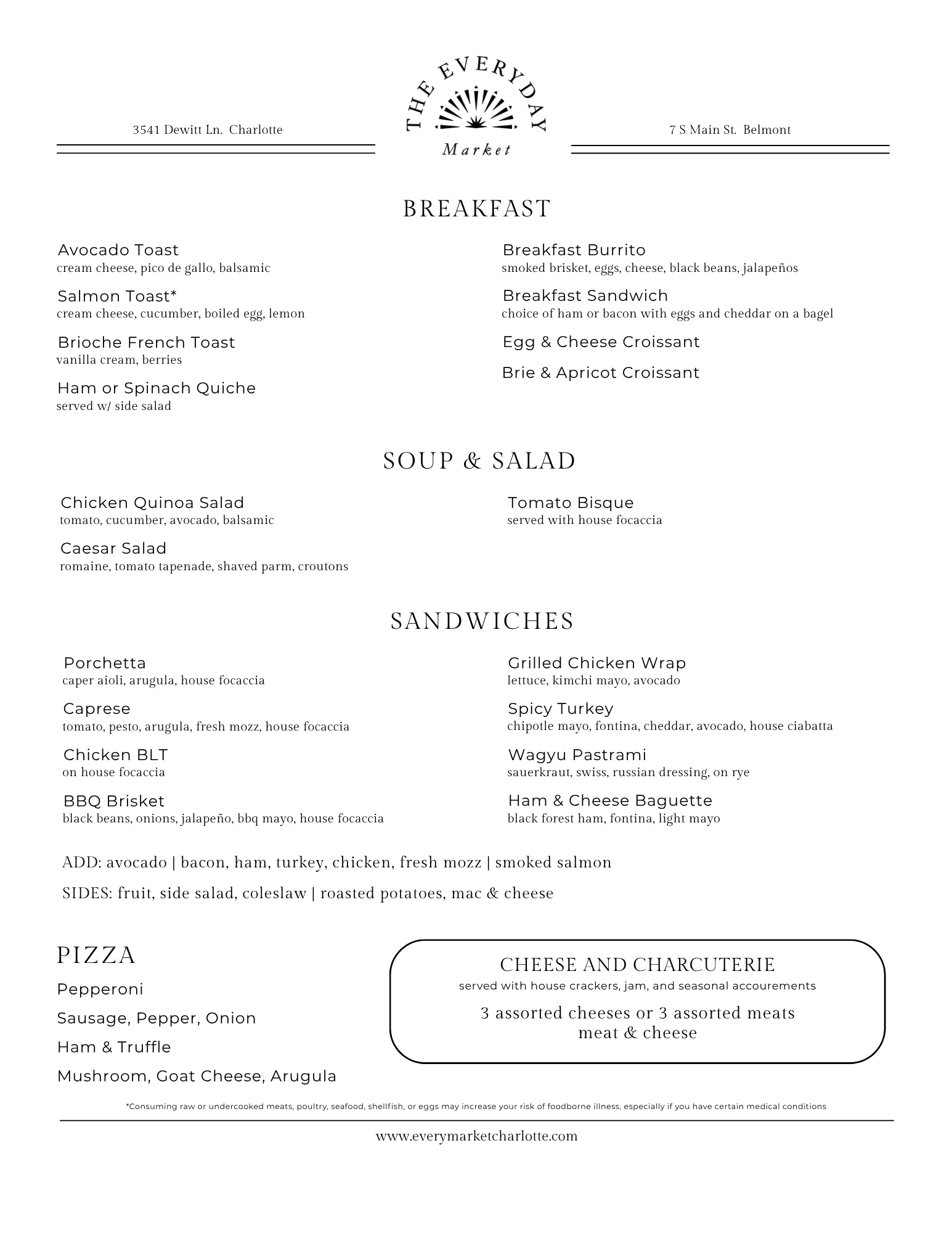 A menu from The Everyday Market restaurant featuring breakfast, soup and salad, sandwiches, pizza, and cheese and charcuterie options.