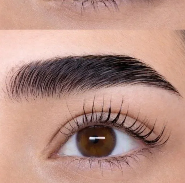 Close-up of a brown eye with well-groomed eyebrow and long eyelashes.