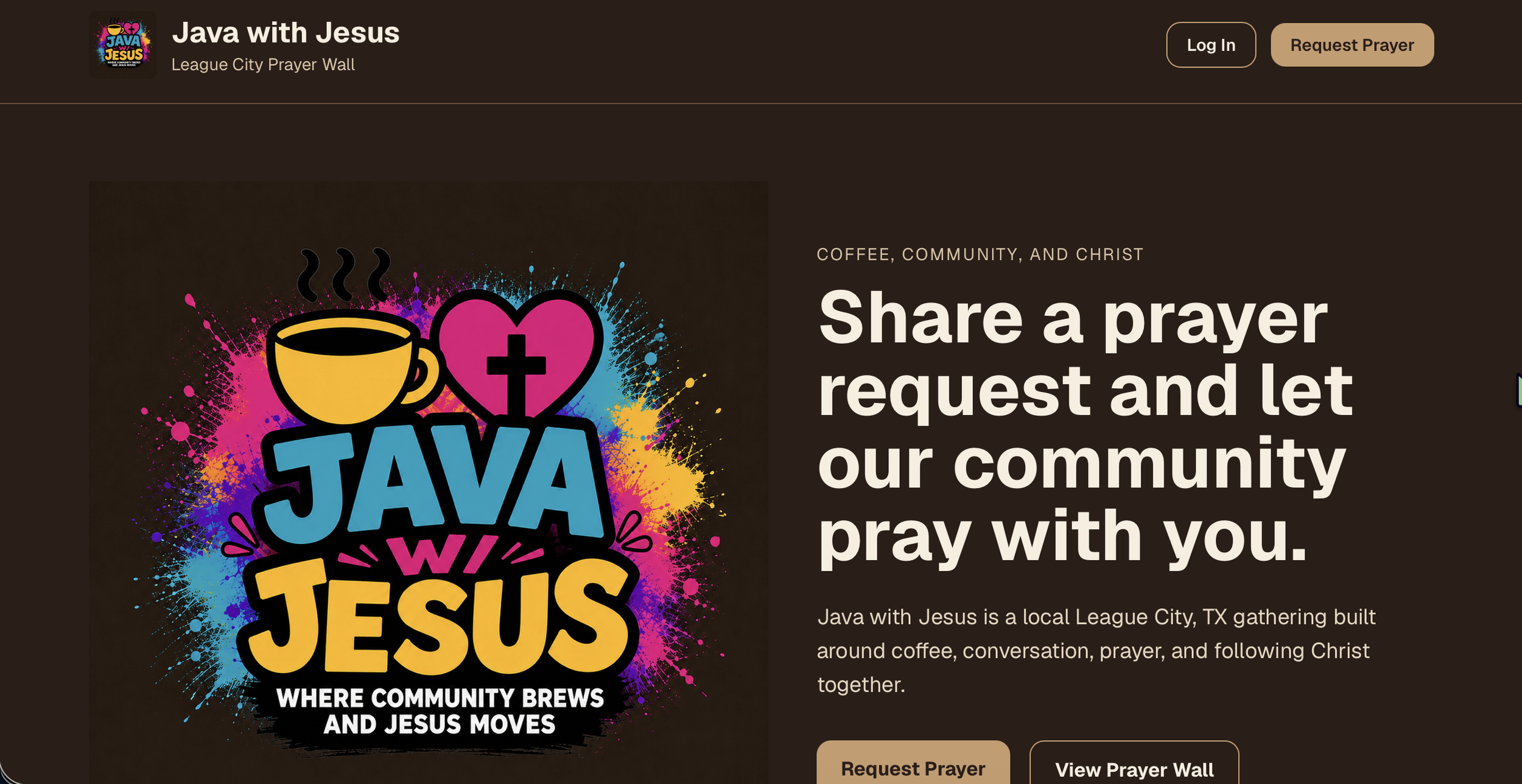 Colorful graphic with a coffee cup, a heart with a cross, and bold text that reads "Java Worship" and "Where Community Brews and Jesus Moves". The background features splashes of pink, blue, yellow, and purple.