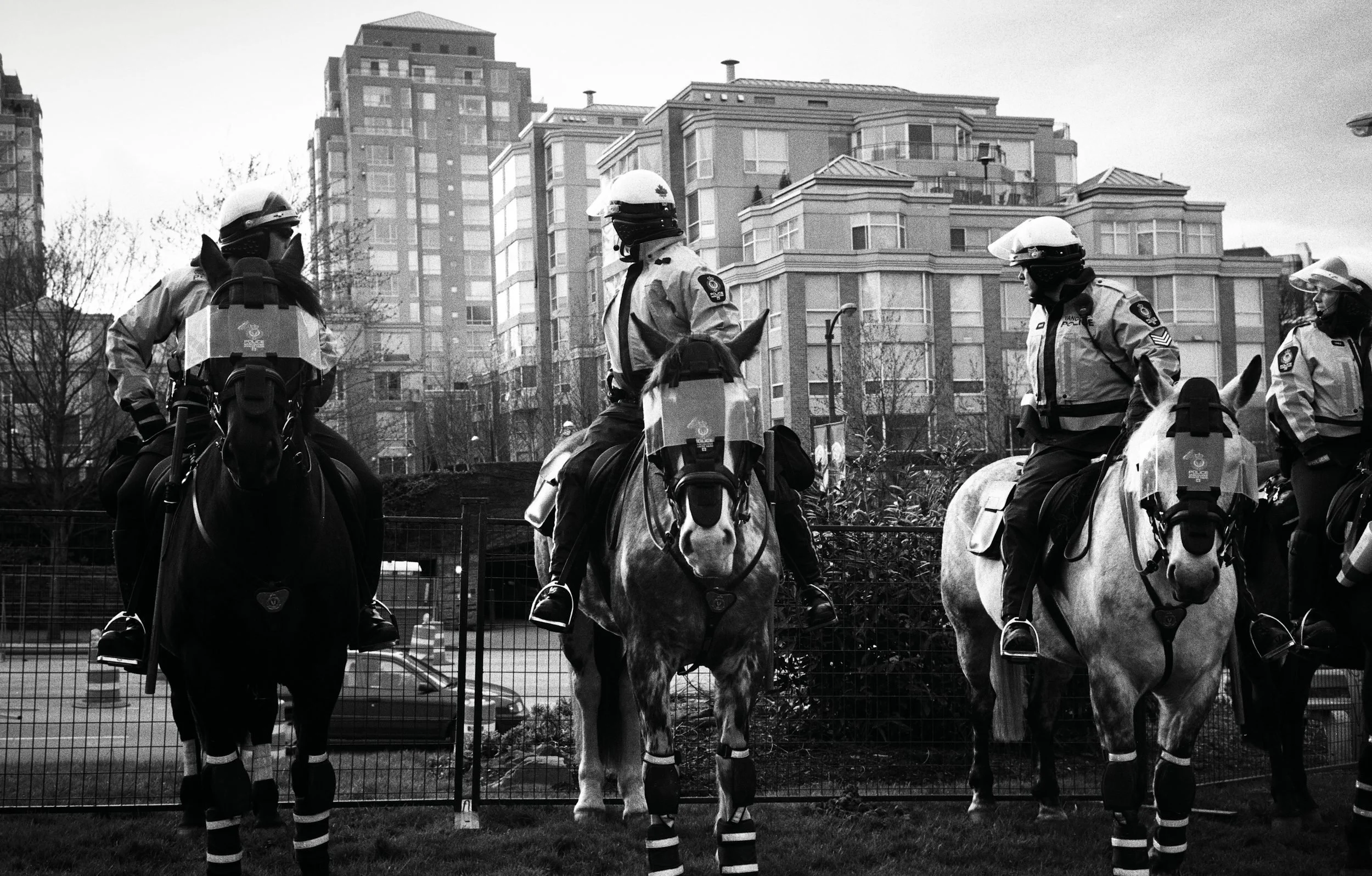 Mounted police officers on horseback stand in formation before an urban skyline with high-rise buildings.