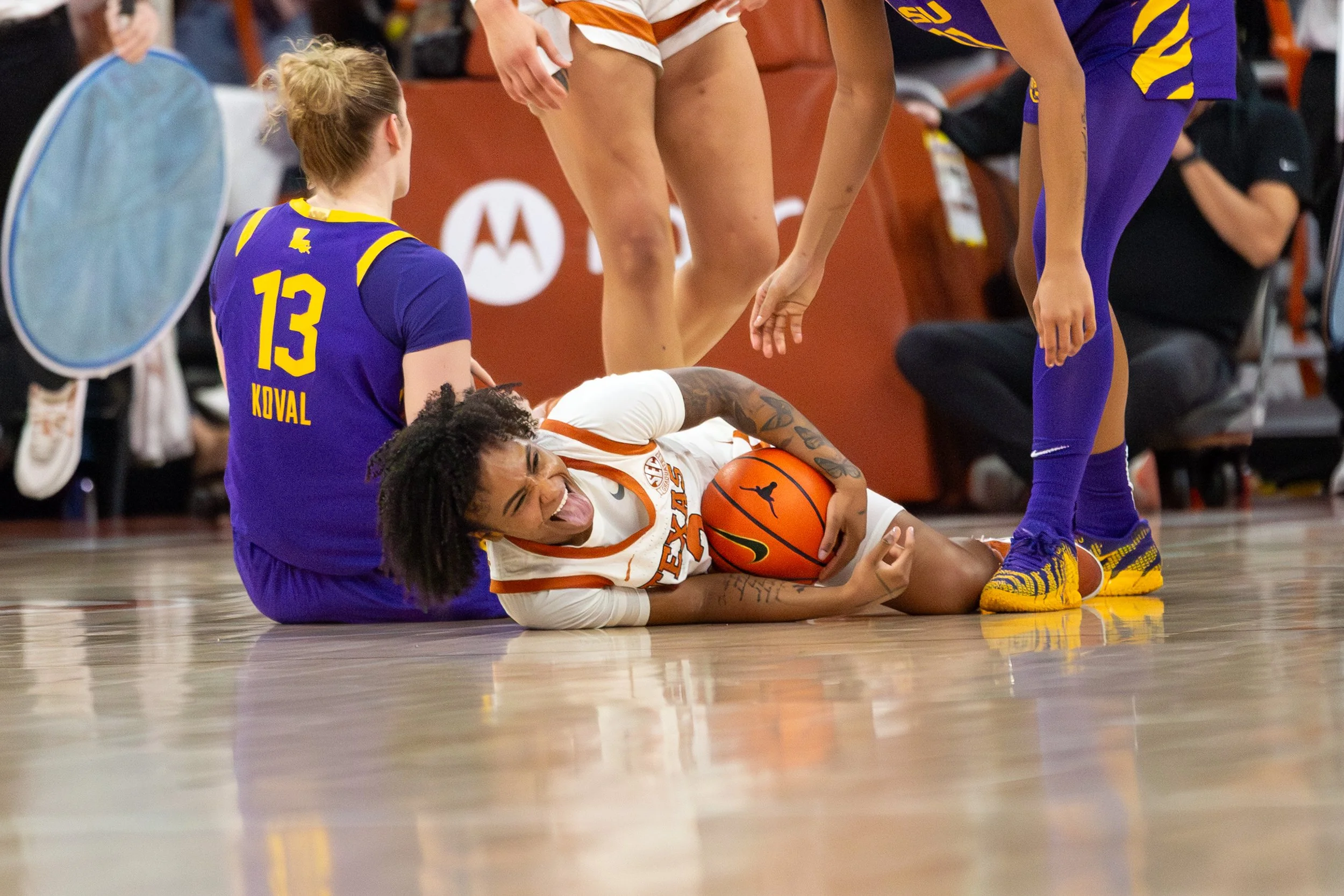 Point guard Rori Harmon recovers a steal and gets a foul during a game against LSU on Feb. 5, 2026. The Longhorns defeated the Tigers with a final score of 77-64 at Moody Center.