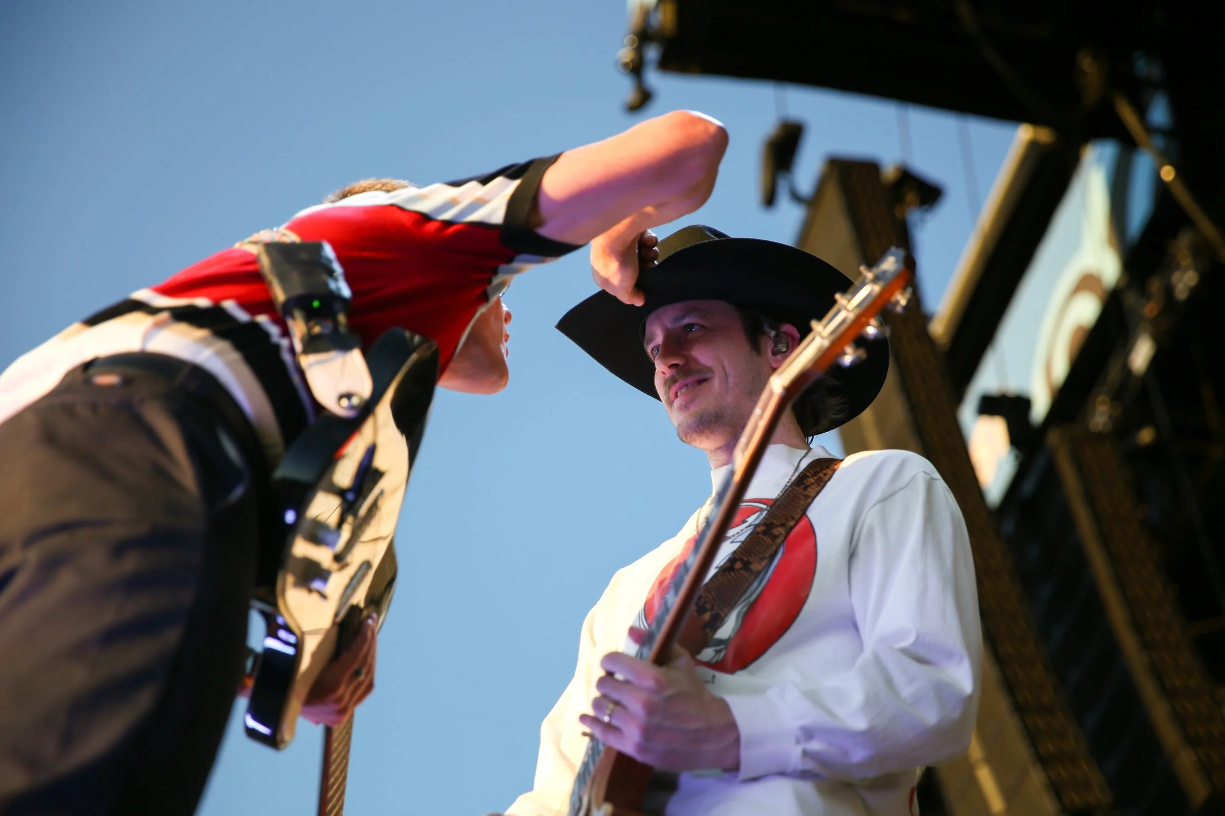 Guitarists for Cage the Elephant share a moment during their Austin City Limits Music Festival set on Friday, Oct. 10, 2025.