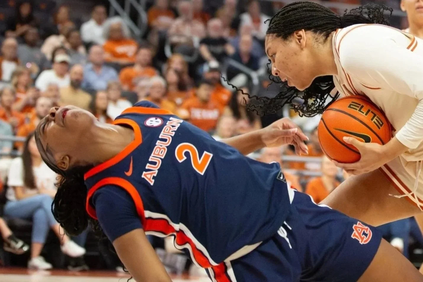 Auburn guard Ja'Mia Harris bleeds from her busted lip after forward Breya Cunningham elbows her to recover the rebound during a game at Moody Center on Jan. 8, 2026. The Longhorns won the game with a final score of 97-36.