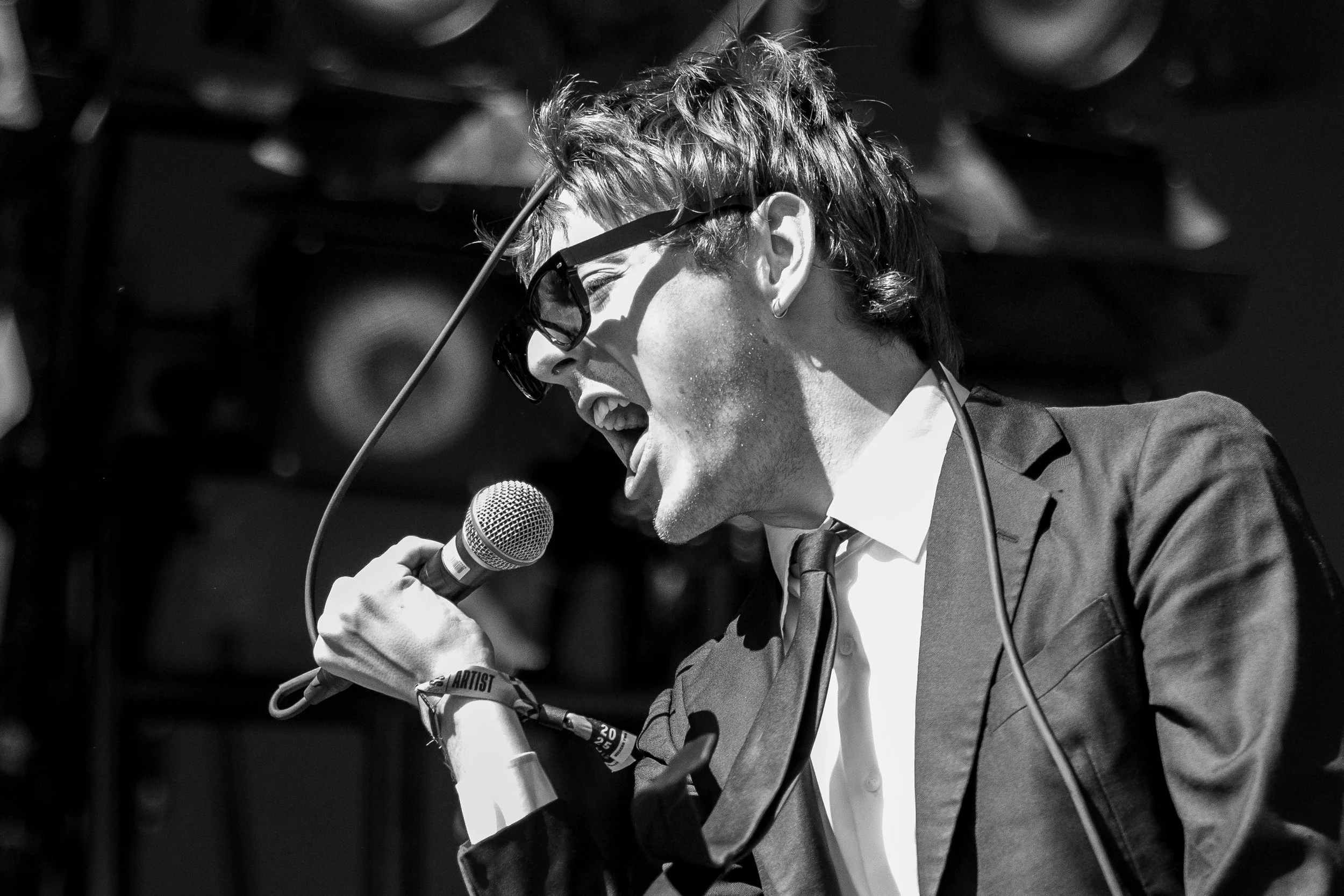 The Dare wraps a cord around his body as he performs "Good Time" during Austin City Limits Music Festival on Sunday, Oct. 12, 2025.