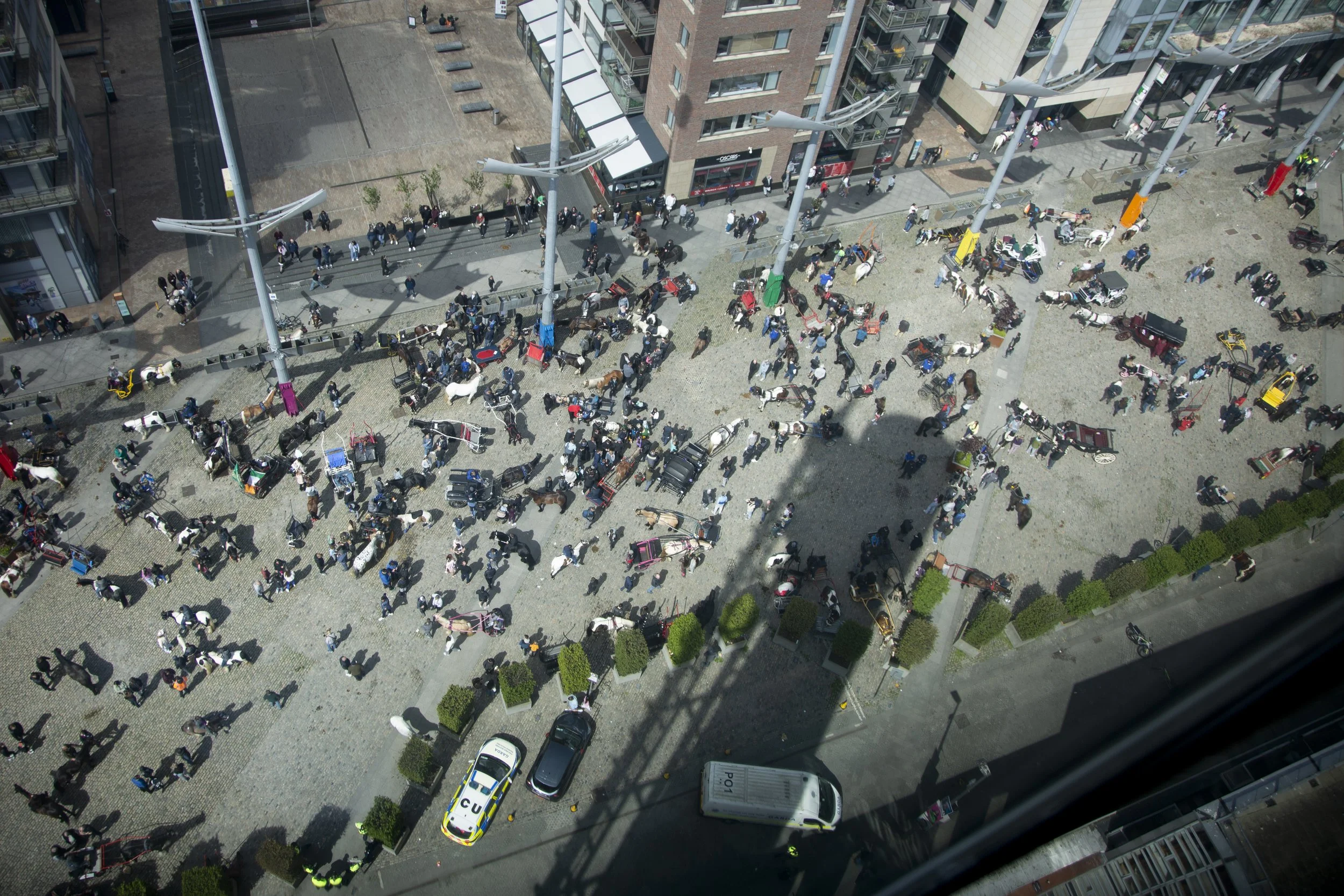 The Smithfield Horse Fair is pictured from Skyview Tower in Dublin, Ireland on Sunday, May 10, 2026. Police were in attendance due to recent Dublin City Council restrictions, causing the once monthly fair, to now a gathering that can only happen twic