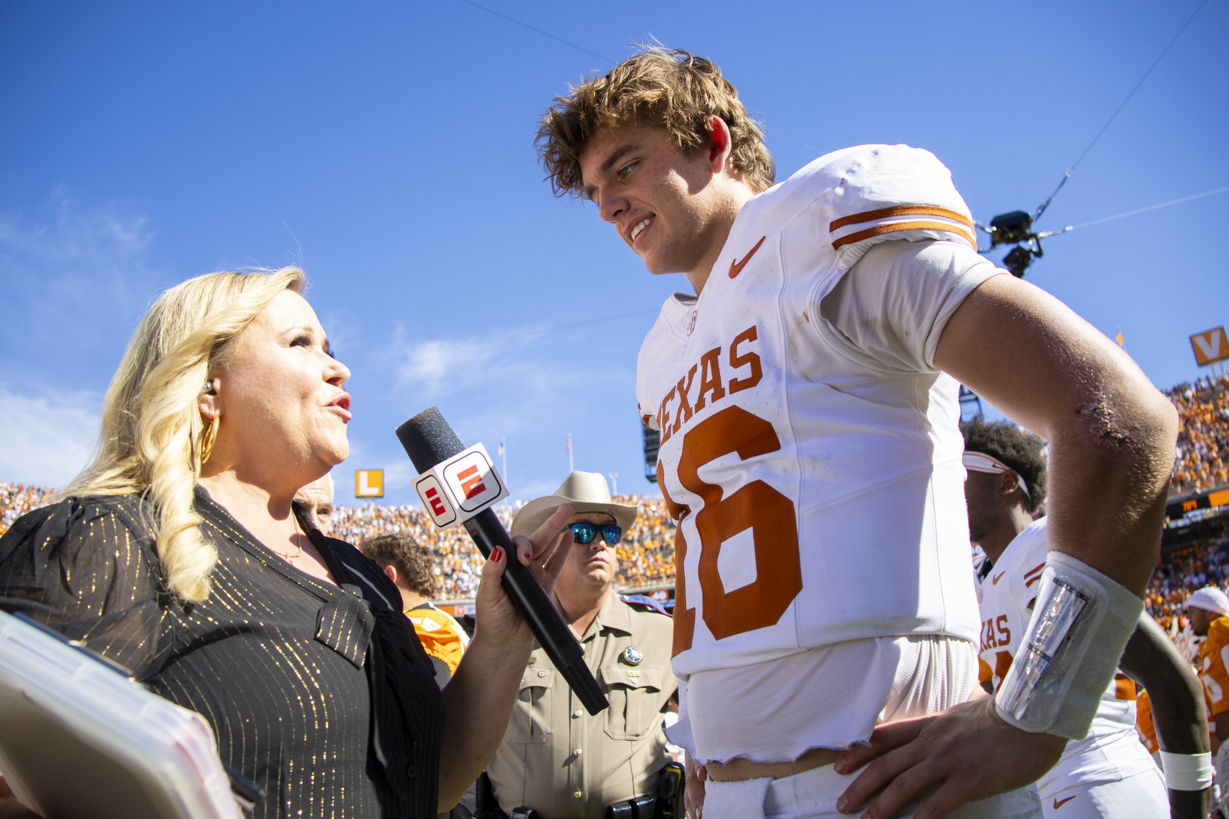 ESPN's Holly Rowe interviews senior quarterback Arch Manning after Texas wins 20-17 against Tennessee at Neyland Stadium on Sept. 26. 