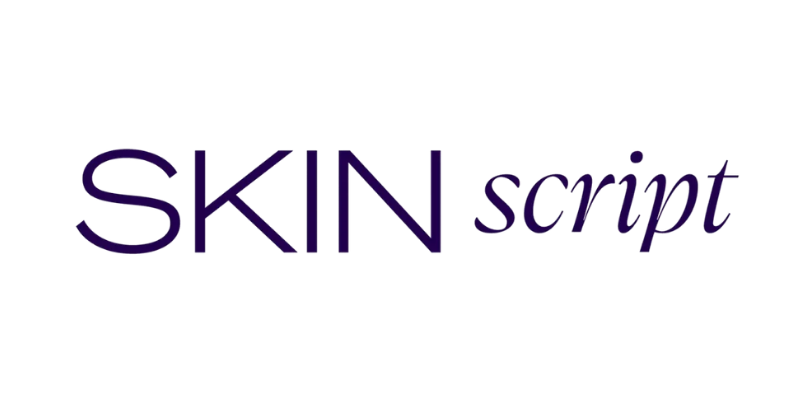 Logotype with the words "SKIN" in bold uppercase followed by "script" in cursive font, both in dark purple.