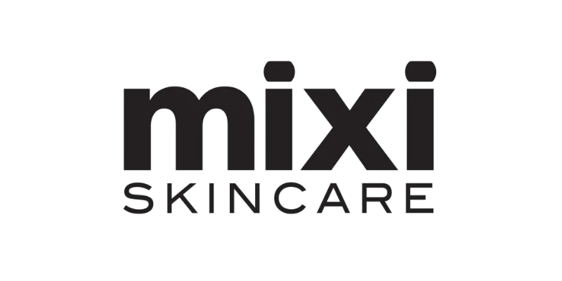 Black background with the text 'mixi SKINCARE' in gray and smaller gray text underneath.