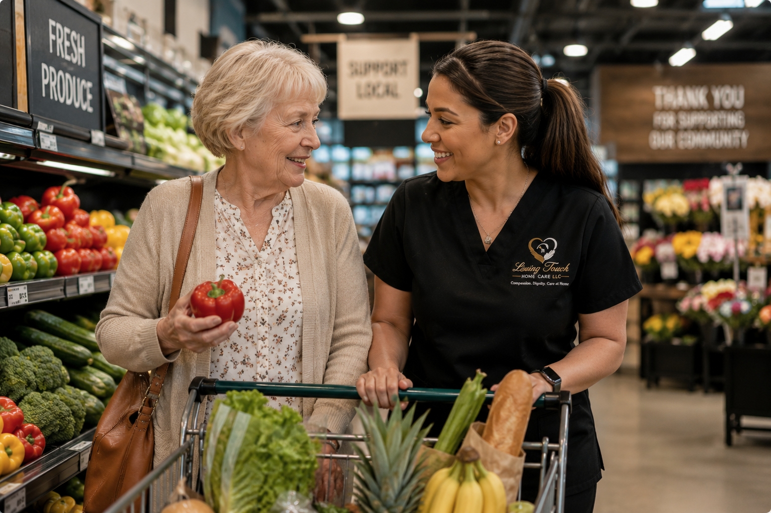 An elderly woman shopping for fresh produce with a store employee at a grocery store. The elderly woman is holding a red bell pepper and smiling at the employee, who is pushing a shopping cart filled with fruits and vegetables.