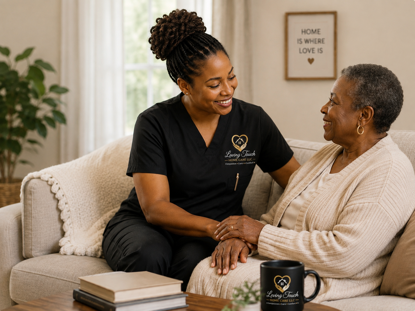 A caregiver in black scrubs smiling and holding hands with an elderly woman sitting on a beige couch in a cozy living room.