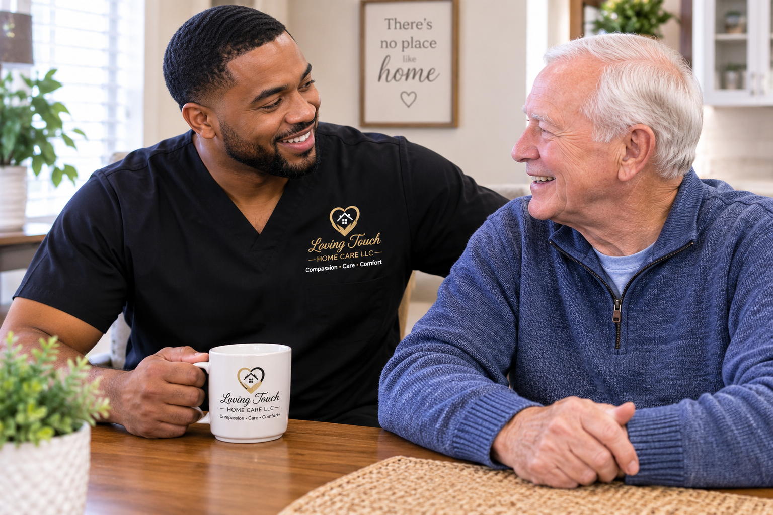 A young caregiver and an elderly man smiling and talking at a dining table. The caregiver is wearing a black shirt with a logo that reads "Loving Touch Home Care LLC" and holding a white mug with the same logo. The setting appears to be a cozy home with warm lighting and decorative elements in the background.