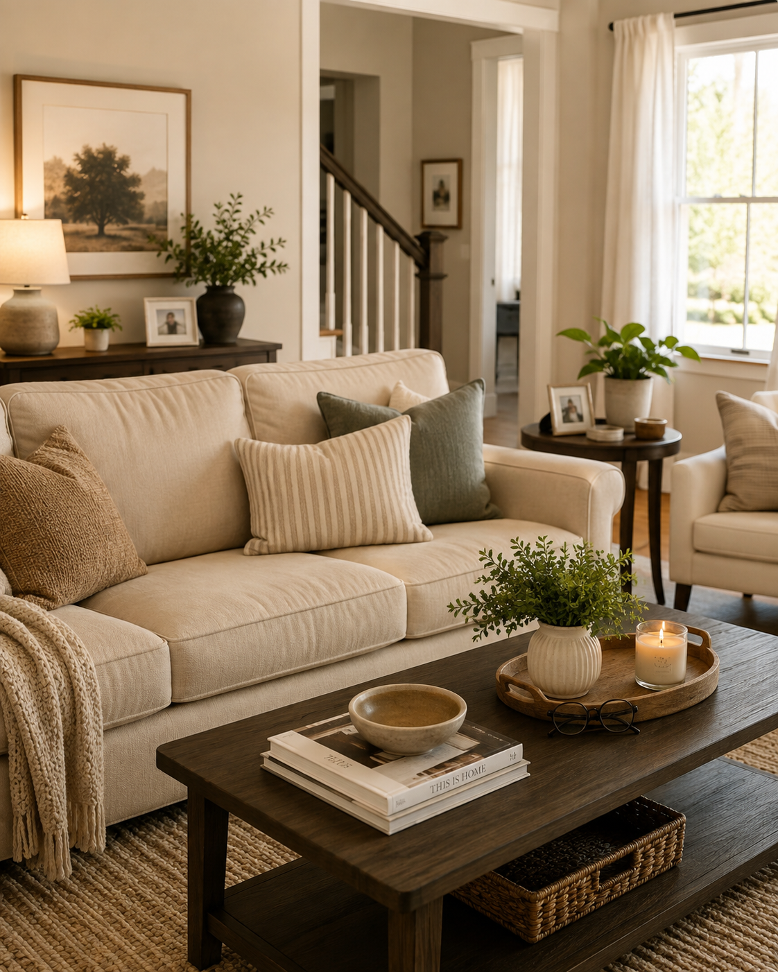 Living room with beige sofa, striped and textured pillows, wooden coffee table with books, a bowl, plants, and a lit candle, beige curtain, window showing outdoor greenery, and decor including framed photos and art on walls.