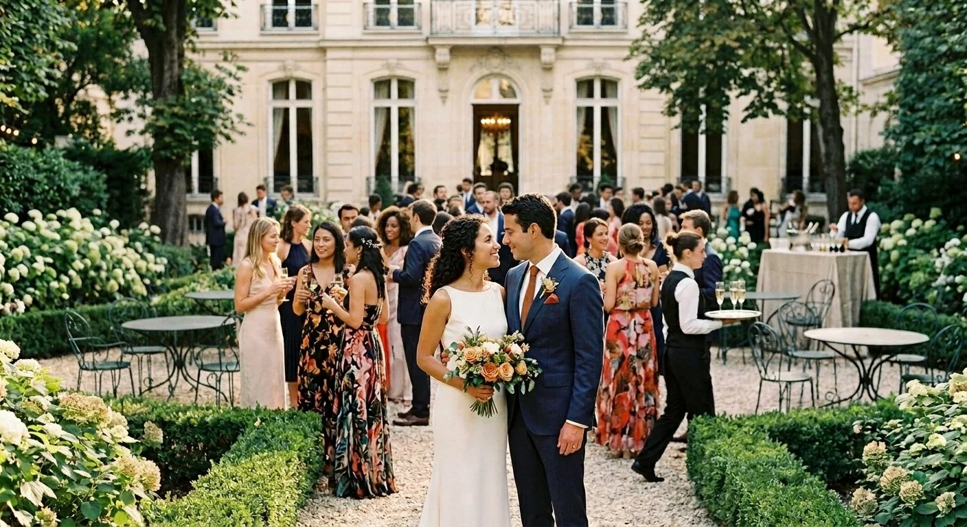 Pareja latinoamericana celebrando su boda de lujo en el jardín de un hôtel particulier en París