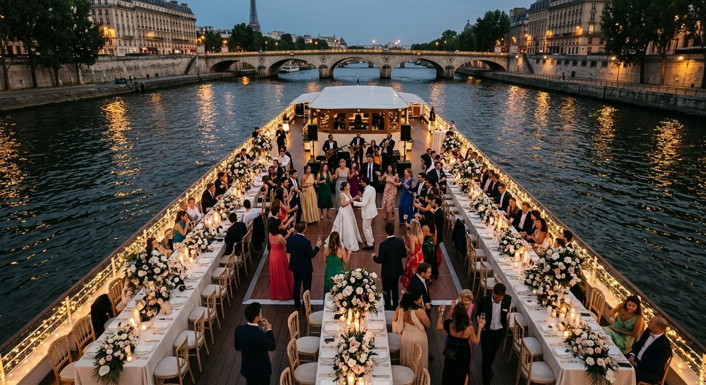 Cena de boda de noche en una péniche de lujo sobre el Sena, París