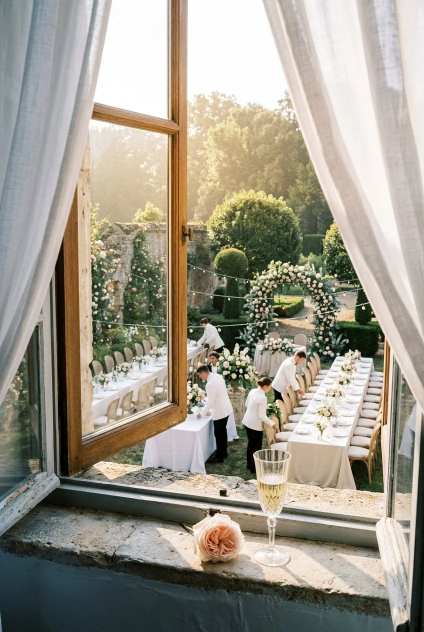 A window with white curtains looking out onto an outdoor wedding reception setup with long tables, floral arrangements, and an arch decorated with flowers, in a garden setting with trees and stone walls.