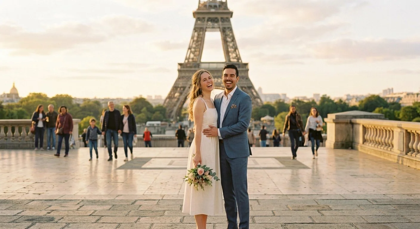 Pareja frente a la Torre Eiffel en París