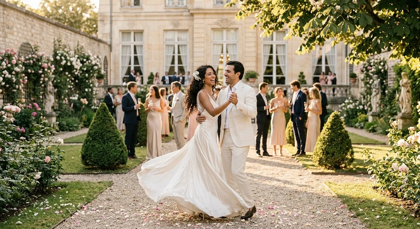 Pareja latinoamericana bailando en el jardín de un hôtel particulier en París