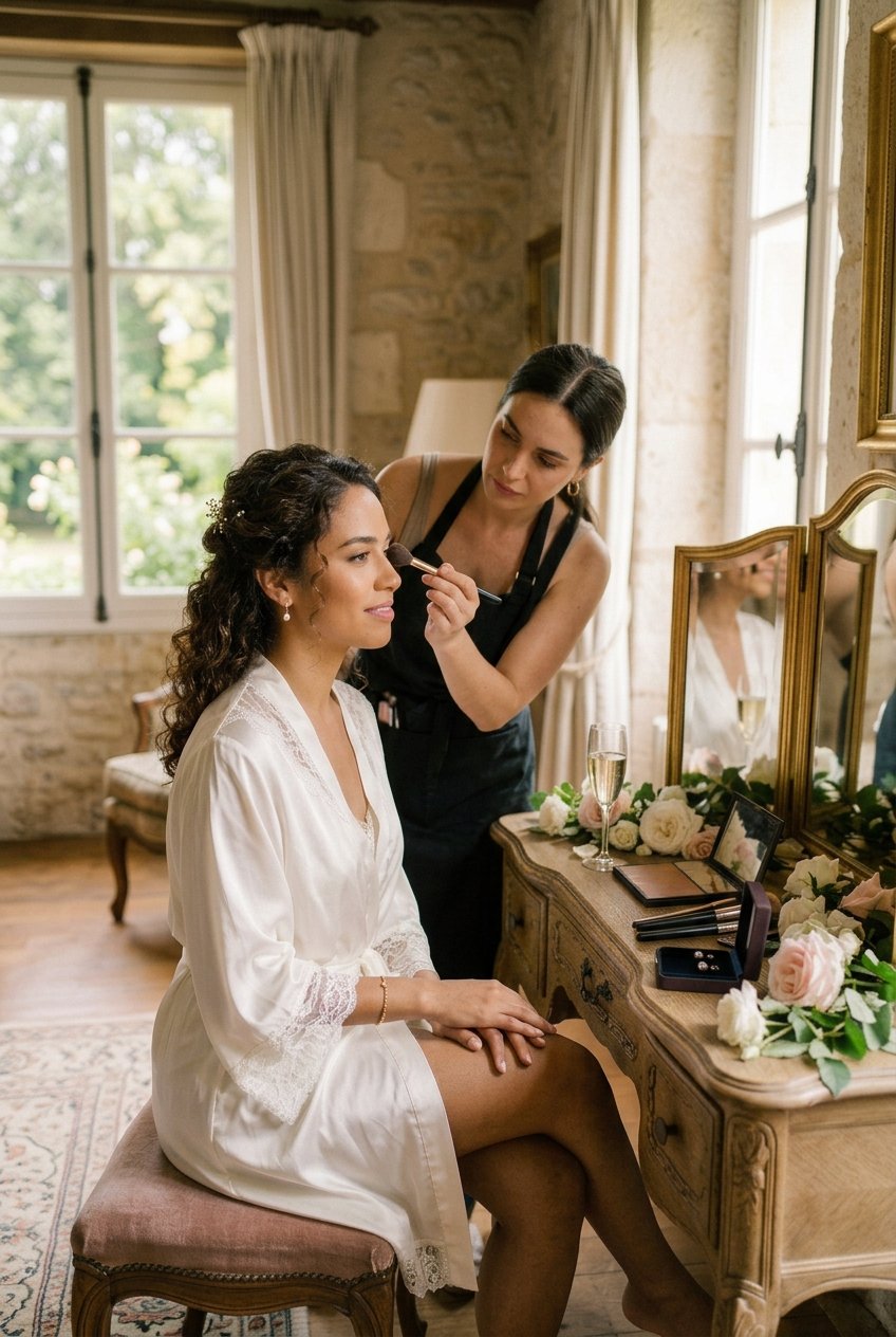 A woman getting her makeup done by a makeup artist in a well-lit room with large windows and stone walls.