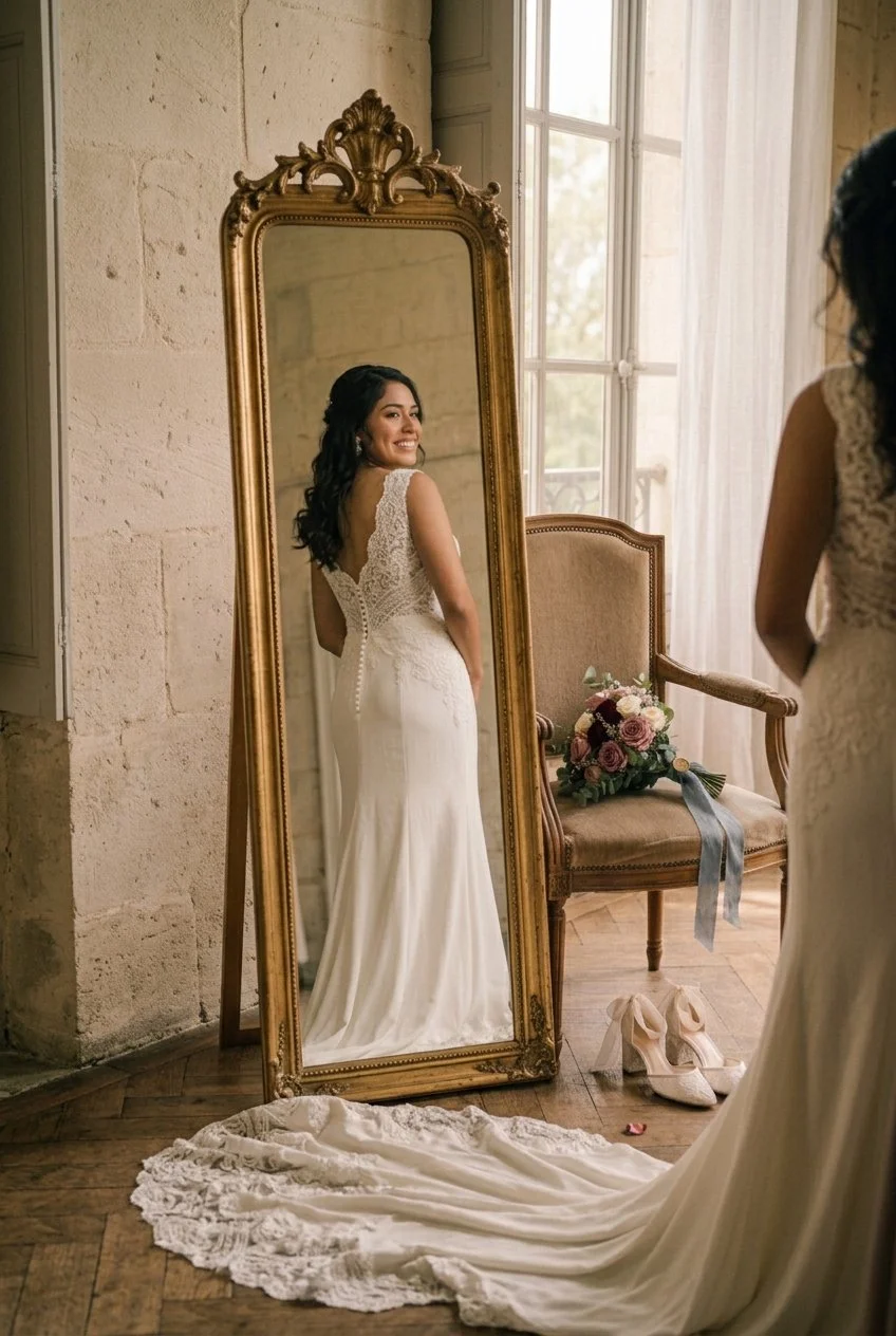 A bride in a wedding dress looks at herself in a large, ornate gold-framed mirror. The room has stone walls and a large window with sheer curtains, allowing natural light to fill the space. A bouquet of flowers rests on a vintage chair, and a pair of white wedding shoes are on the wooden floor with some scattered flower petals.
