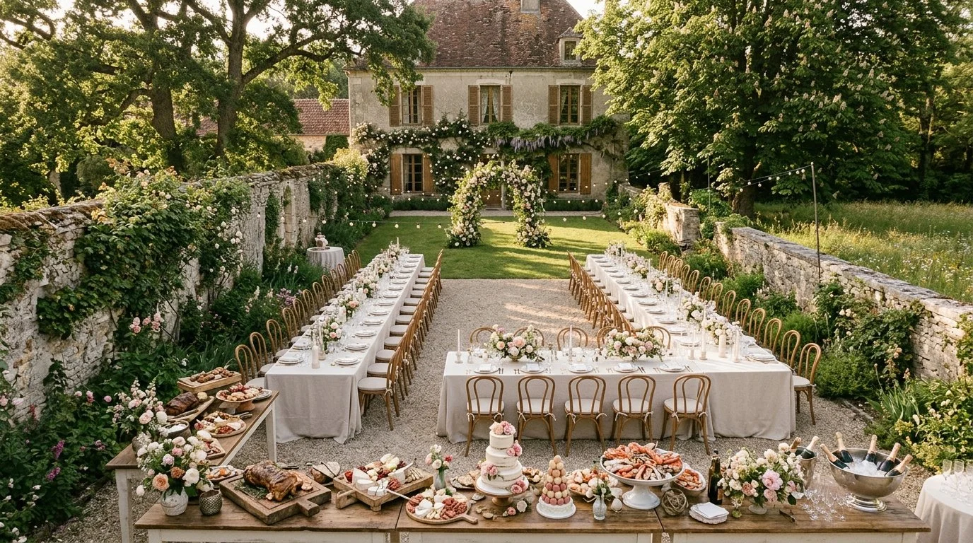 Mesas de boda preparadas en el jardín de una casa de campo cerca de París, con decoración romántica y vintage