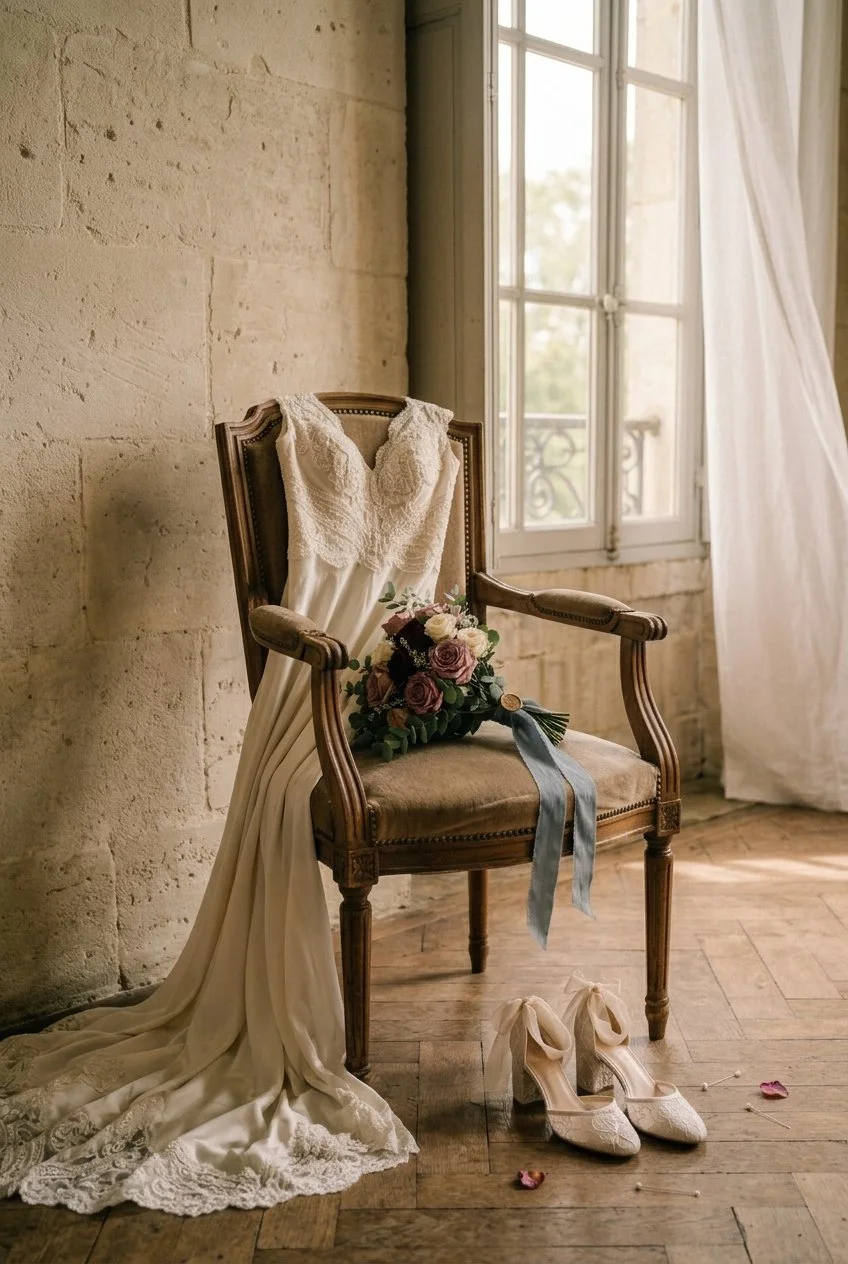 Wedding dress, bouquet, and heels arranged on a vintage chair near a window in a rustic room.