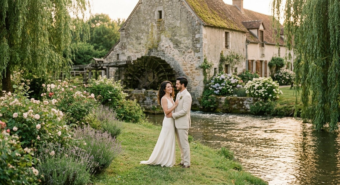 Pareja latinoamericana celebrando su boda de lujo en el jardín de una casa de campo cerca de París
