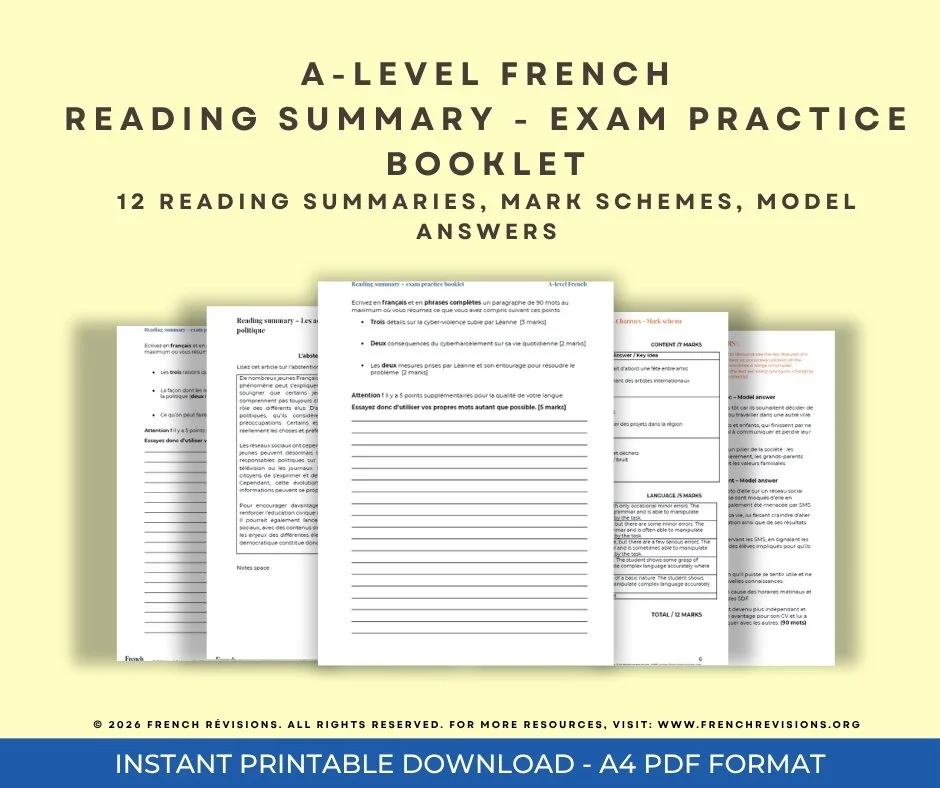 A-Level French -  12 x Reading Summaries - Exam Practice Booklet (for Paper 1 summary task)