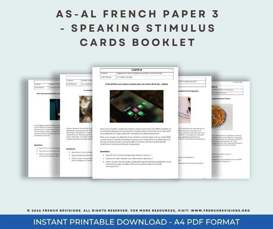 French A-level - Paper 3 Speaking paper - Stimulus CARDS exam Booklet - PACK A