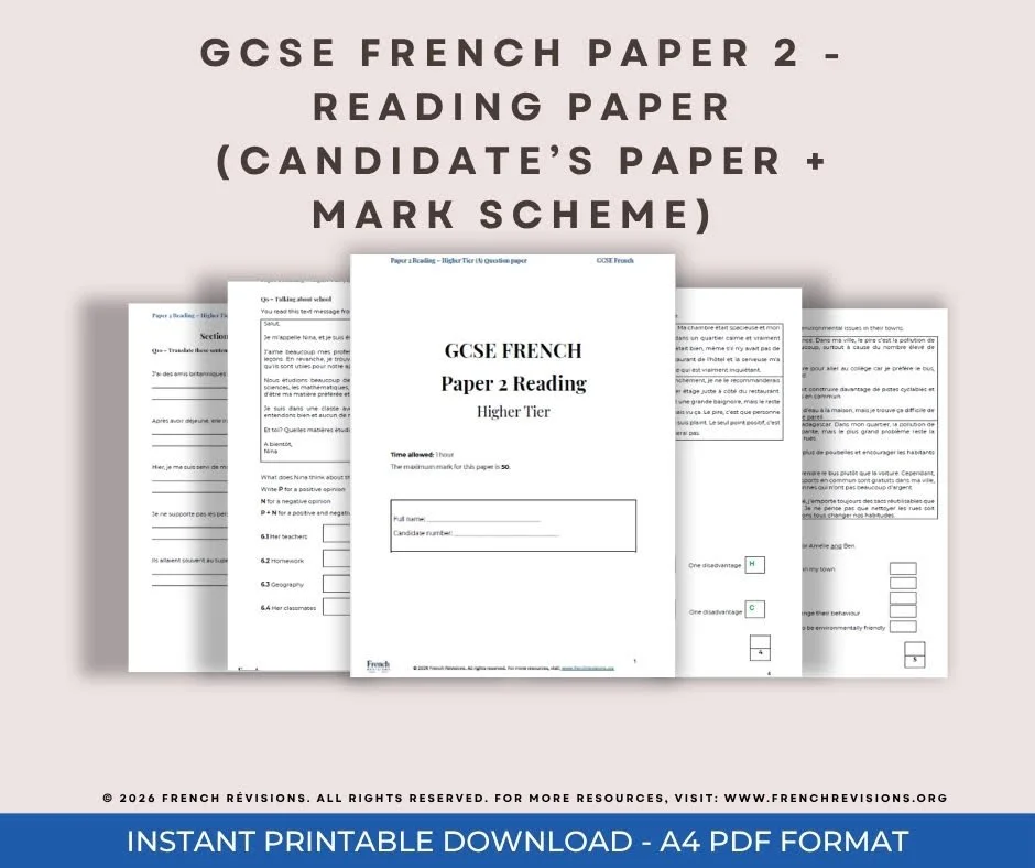French GCSE - Paper 2 Reading Pack A - Practice paper
