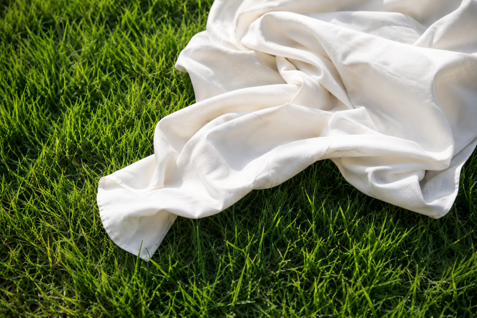 A white, wrinkled bedsheet lying on green grass.