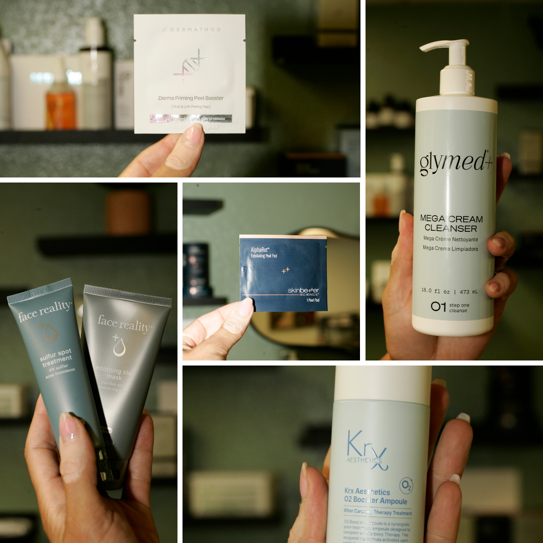 Collection of skincare products including a Derma Prime Peel Booster, Glymed Mega Cream Cleanser, Face Reality sulfur spot treatment and soothing clay mask, Skinbetter AlphaRet exfoliating peel pad, Kryo Aesthetics O2 Booster Ampoule, and a pump bottle of Glymed Mega Cream Cleanser.