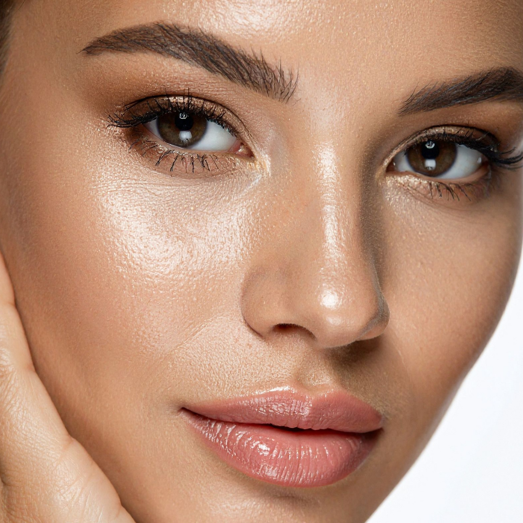 Close-up of a woman's face showing her eyes, eyebrows, nose, and lips with smooth skin and natural makeup.